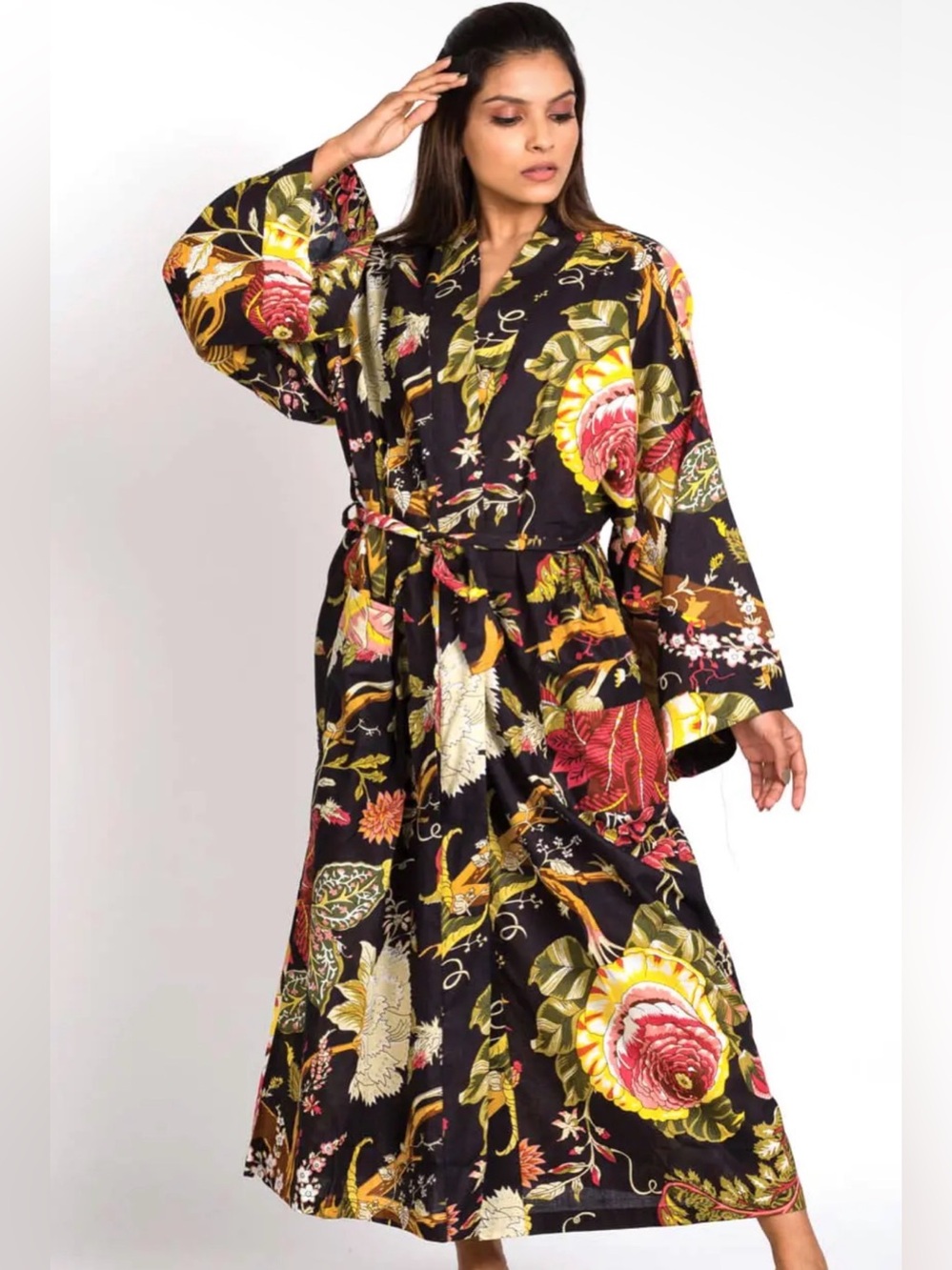 Black and Rose Rani Printed Cotton Kimono Robe Made in India